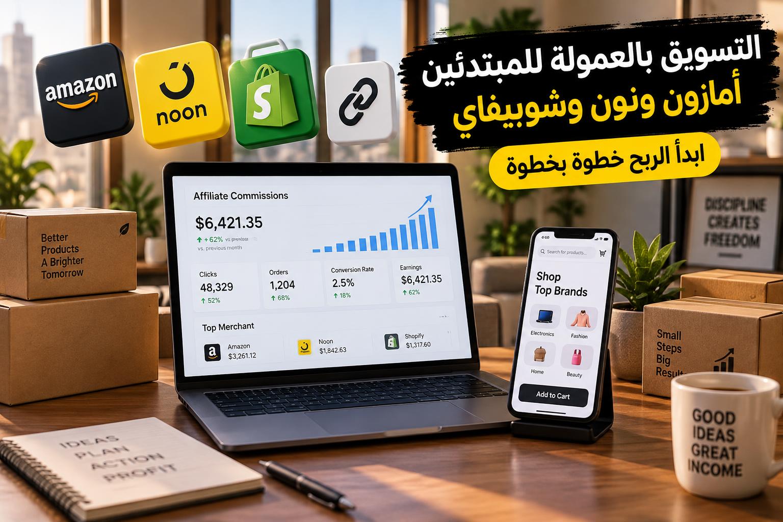 التسويق بالعمولة للمبتدئين: كيف تبدأ الربح من أفلييت أمازون ونون وشوبيفاي