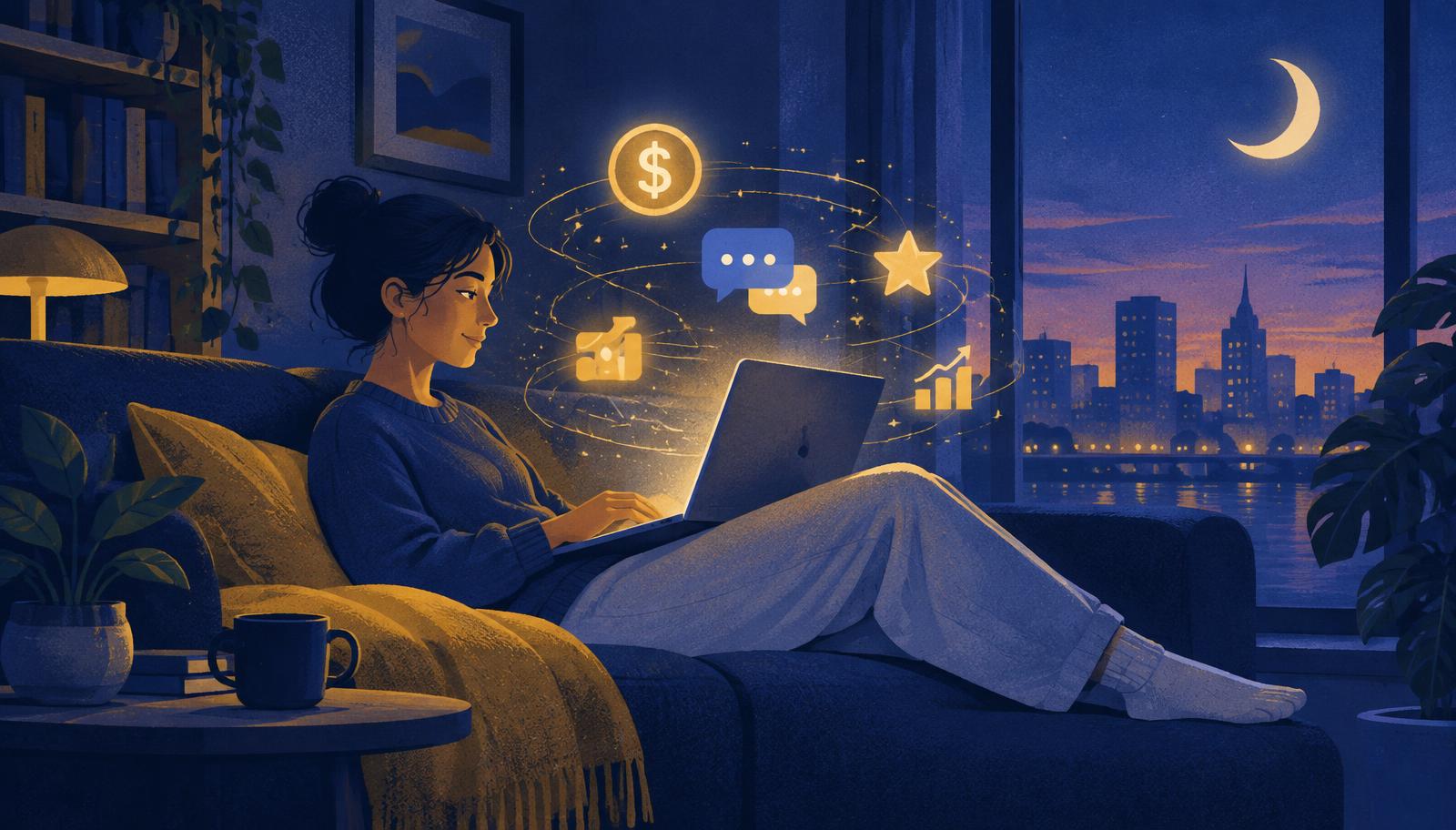 Person relaxing on a couch at night with a laptop, glowing icons of money and chat bubbles orbiting, editorial illustration