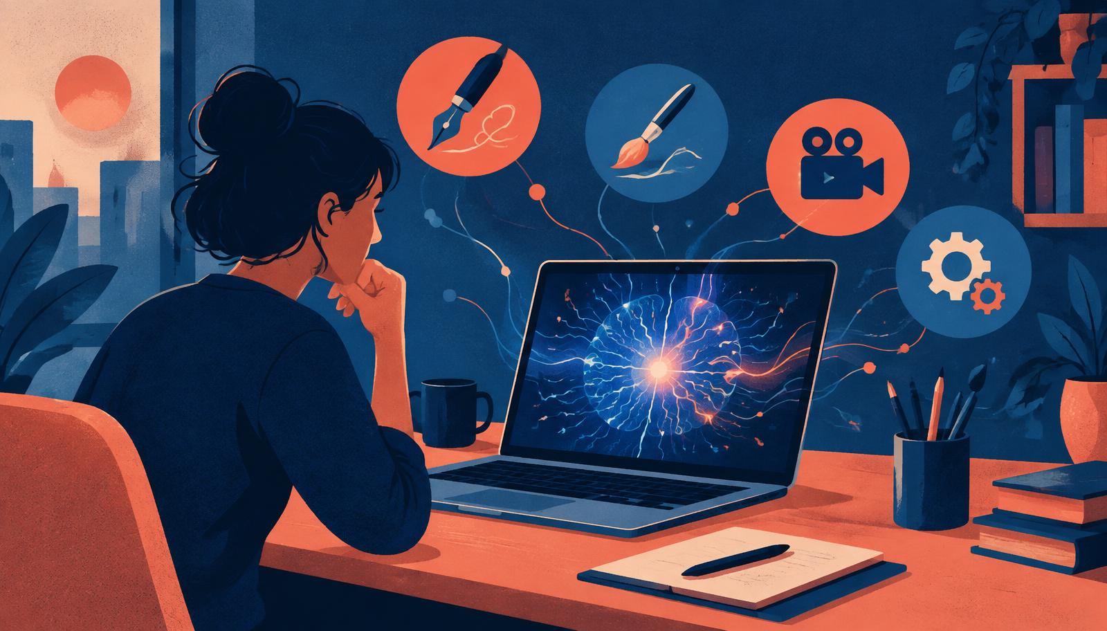 Freelancer at a laptop with glowing AI patterns and floating icons of pen, brush, camera and gears, editorial illustration