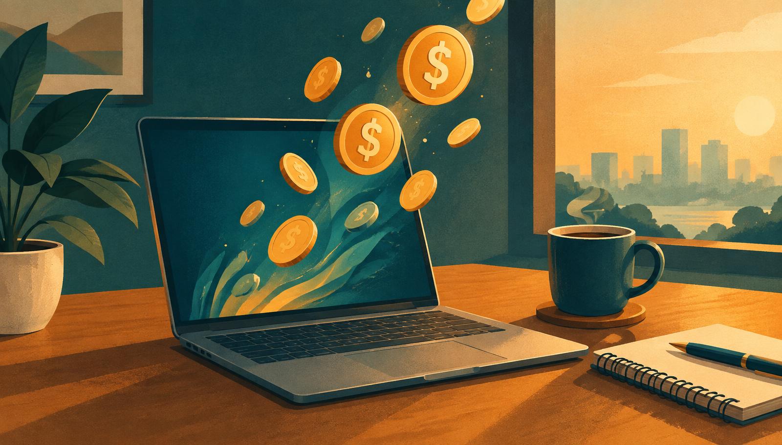 Laptop on a desk with golden dollar coins floating out of the screen, editorial illustration