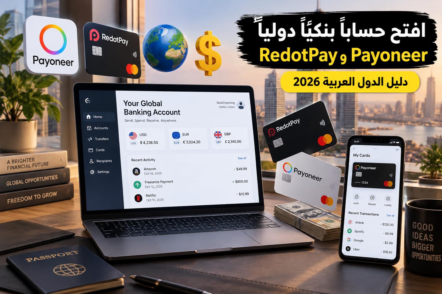 كيف تفتح حساباً بنكياً إلكترونياً دولياً (RedotPay / Payoneer / Elevate) في الدول العربية؟